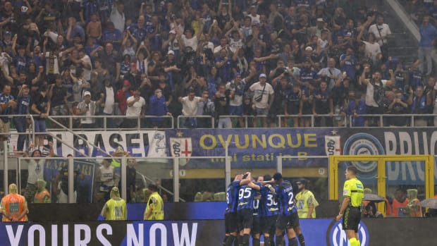 Inter Milan players and fans pictured celebrating a goal during a 5-1 win over AC Milan in September 2023